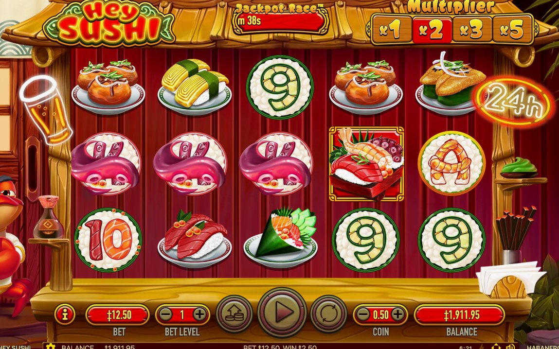 Grundspiel auf dem 5x3 Raster, Scatter ist das Sushi-Tablett